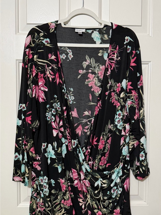 Avenue Tops - Avenue Black Floral Wrap-Style Top with Pink and Aqua Flowers